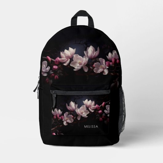 3D Magnolia Zwarte Achtergrond Bedrukte Rugzak (Voorkant)