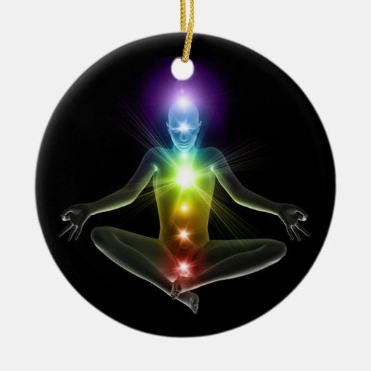 3d mens in yoga pose met chakras keramisch ornament (Voorkant)