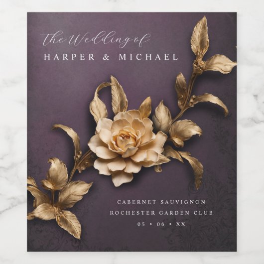 3D metallic bloemen gepersonaliseerde bruiloft Wijn Etiket (Enkel label)