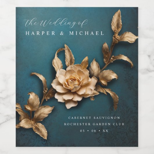 3D metallic bloemen gepersonaliseerde bruiloft Wijn Etiket (Enkel label)