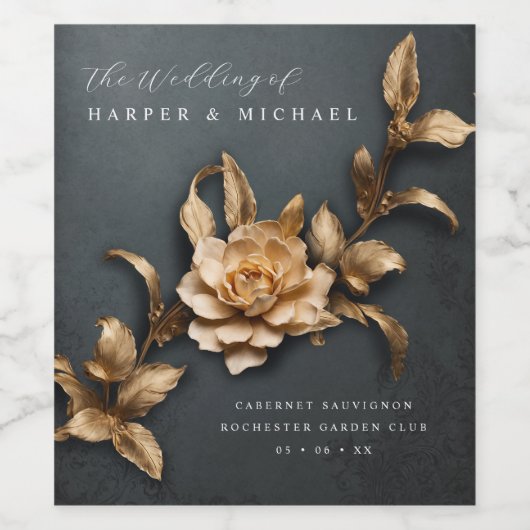 3D metallic bloemen gepersonaliseerde bruiloft Wijn Etiket (Enkel label)