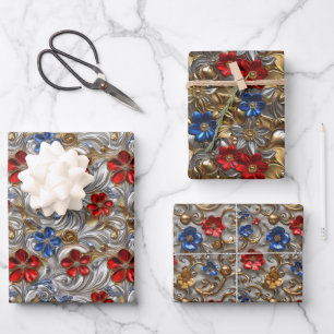 3D Metallic Bloemen met Gouden en Vette Kleuren Inpakpapier Vel