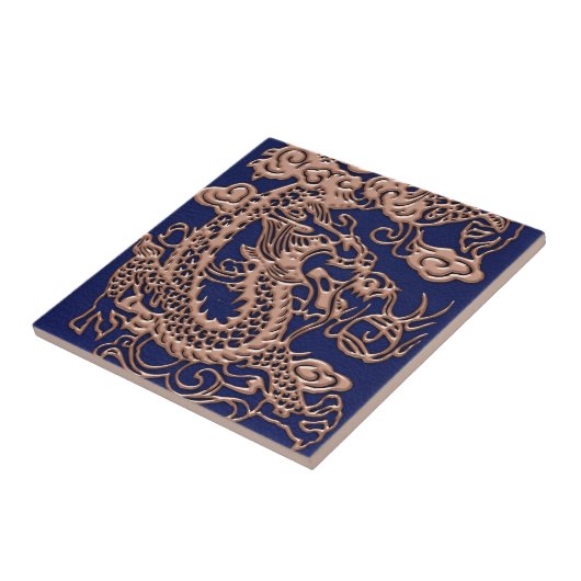 3D Metallic dragons op royal blue Leather Print Tegeltje (Zijkant)