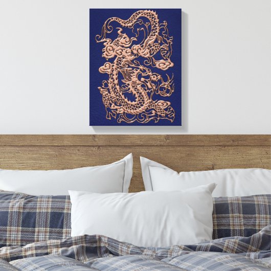 3D Metallic Draken op koninklijk blauw Leer Print (Insitu (Slaapkamer))