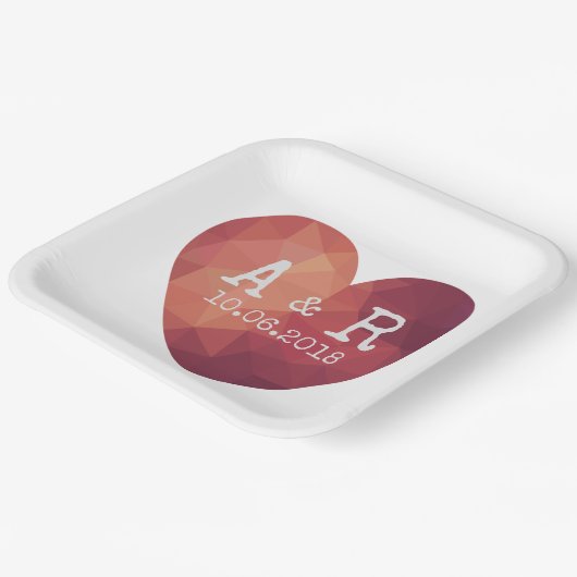 3d monogrammen en datum van het rode harstel papieren bordje (Gebogen)