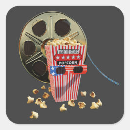 3D Movie Reel and Buttered Popcorn Vierkante Sticker