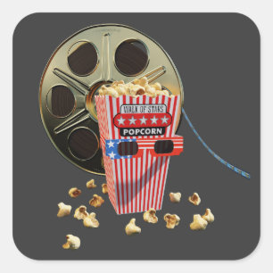 3D Movie Reel and Buttered Popcorn Vierkante Sticker