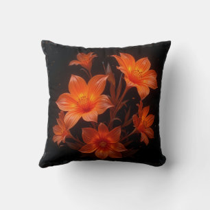 3D Neon gebrande oranje bloemetjes op zwarte achte Kussen