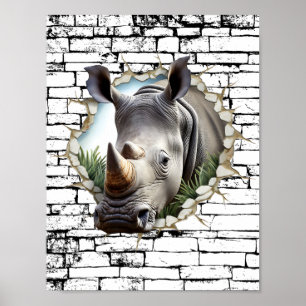 3D Neushoorn Muurbreuk Kunst – Realistische Safari Poster