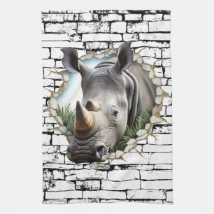 3D Neushoorn Muurbreuk Kunst – Realistische Safari Theedoek