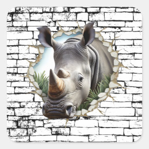 3D Neushoorn Muurbreuk Kunst – Realistische Safari Vierkante Sticker