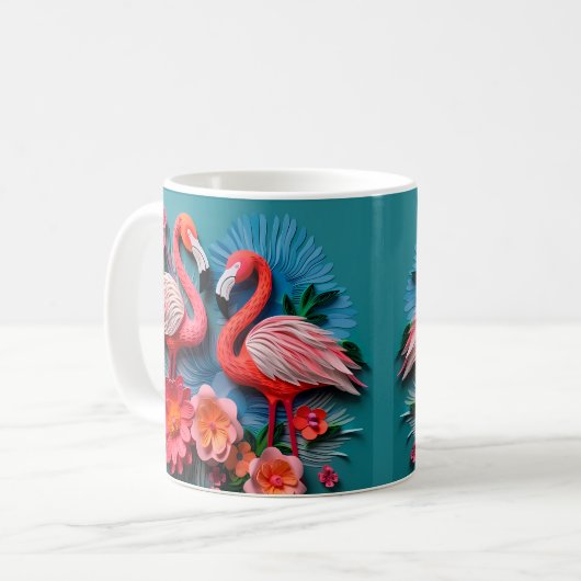 3D-ogend bedrukte roze flamingo's Koffiemok (Voorkant links)