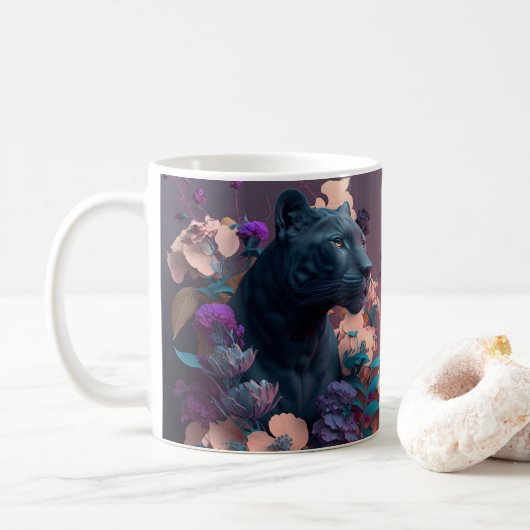 3D-ogend bedrukte zwarte panter en bloemen Koffiemok (Met donut)