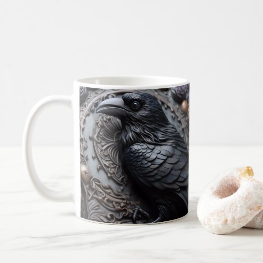 3D-ogend geprinte zwarte ravenvogel Koffiemok (Met donut)