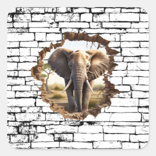 3D Olifant Muurbreuk Kunst – Realistisch Safari (2 Vierkante Sticker
