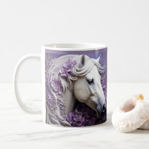 3D Op zoek Gedrukt Wit Paard Paarse Bloemen Koffiemok