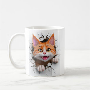 3D Oranje en witte Tabby Cat breekt door de muur Koffiemok