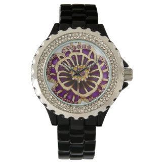 3D Paarse Bloemen Strass Tijdloze Elegantie Horloge
