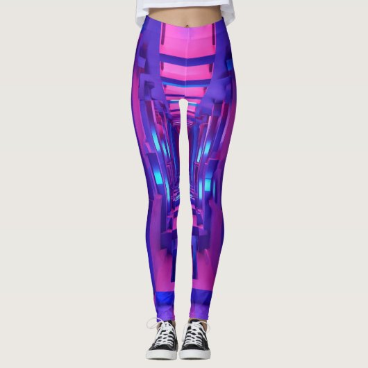 "3D Paarse & Blue Geo Leggings: Futuristisch desig Leggings (Voorkant)