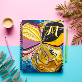 3D Paarse Gouden Bloem Monogram Vloeibaar Abstract Notitieboek