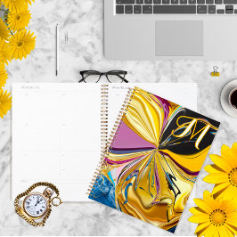 3D Paarse Gouden Bloem Monogram Vloeibaar Abstract Planner