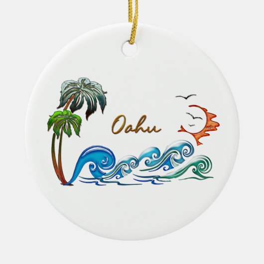 3d palmen, golven en zonnebaden OAHU Keramisch Ornament (Voorkant)