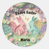 3D Paper Cut Easter Bunny & Eggs Personalized Ronde Sticker (Voorkant)