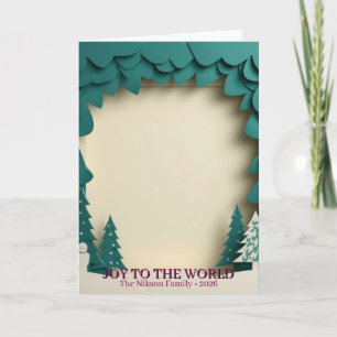 3D Paper Cut Teal Bos Familie Foto Kerstkaart Kaart