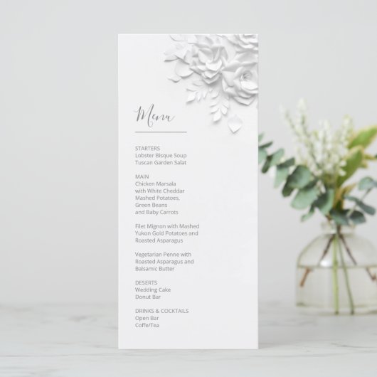 3D Paper Cut White Roses Menu (Staand voorkant)