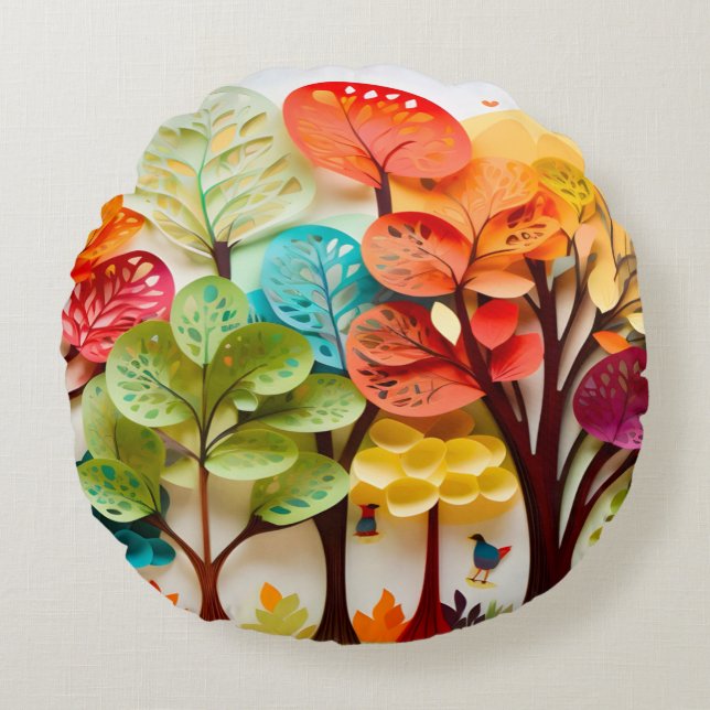 3D Paper Layer Tree Landscape Natuur Gift voor haa Rond Kussen (Voorkant)