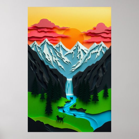 3D Papercraft Berglandschap Poster (Voorkant)