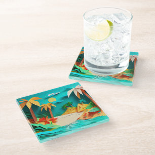 3D Papercraft Tropical Beach Glazen Onderzetter