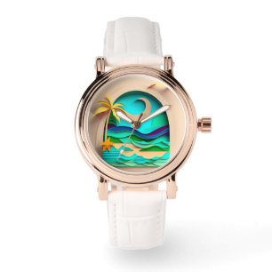 3D Papercraft Tropical Beach Horloge
