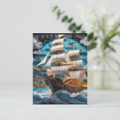 3D papier kunst, zeilschip in stormachtige oceaan Feestdagenkaart (Staand voorkant)