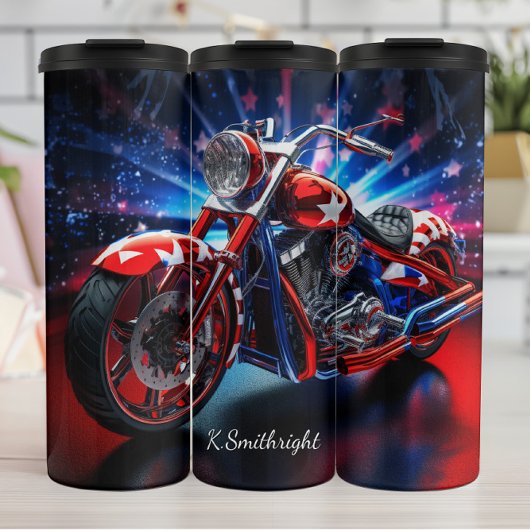 3D Patriottische Motorfiets Rood Wit Blauw Thermosbeker