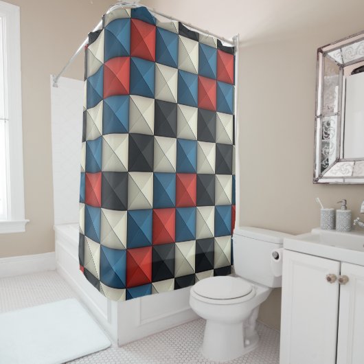 3D piramidale geometrische patroon – Rood, Blauw & Douchegordijn (In situ)