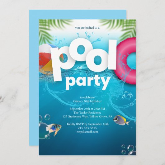 3D Pool Party Birthday Invitation Kaart (Voorkant / Achterkant)