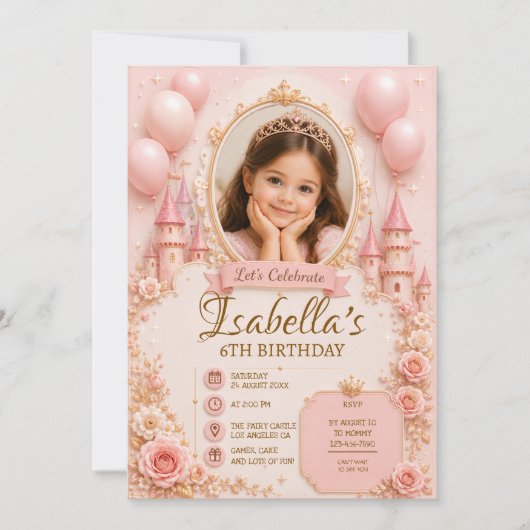 3D prinses verjaardagsuitnodiging template | Roze Kaart (Voorkant)