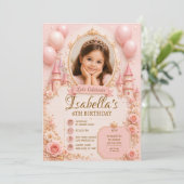 3D prinses verjaardagsuitnodiging template | Roze Kaart (Staand voorkant)