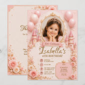 3D prinses verjaardagsuitnodiging template | Roze Kaart (Voorkant / Achterkant)