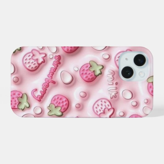3D Puffy Roze Aardbei en Melk Telefoon Case iPhone 15 Case (Achterkant horizontaal)