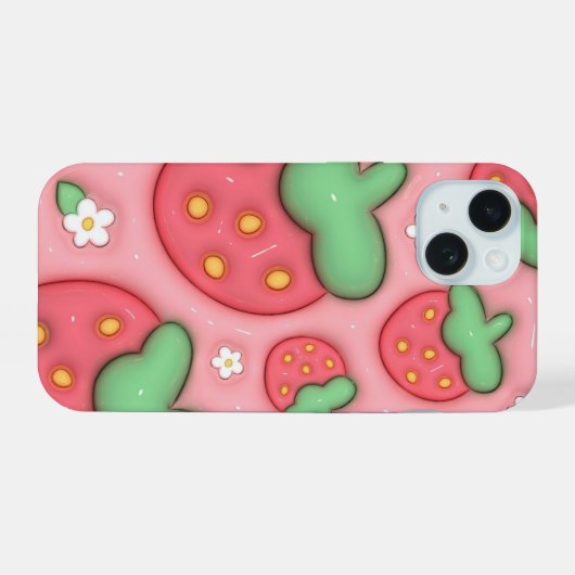 3D Puffy Roze Aardbei Esthetische Telefoon Case iPhone 15 Case (Achterkant horizontaal)