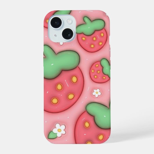 3D Puffy Roze Aardbei Esthetische Telefoon Case iPhone 15 Case (Achterkant)
