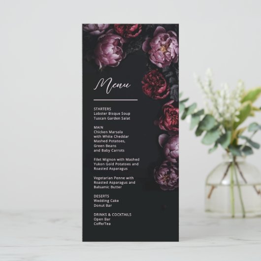 3D Purple and Dark Red Peony Wedding Menu (Staand voorkant)