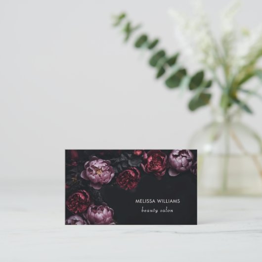 3D Purple Red Peonies Black Background Visitekaartje (Staand voorkant)