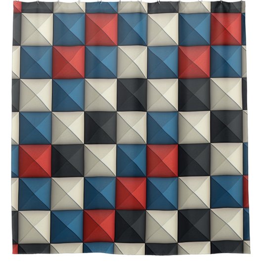 3D Pyramidal Geometric Pattern – Red, Blue & Cream Douchegordijn (Voorkant)