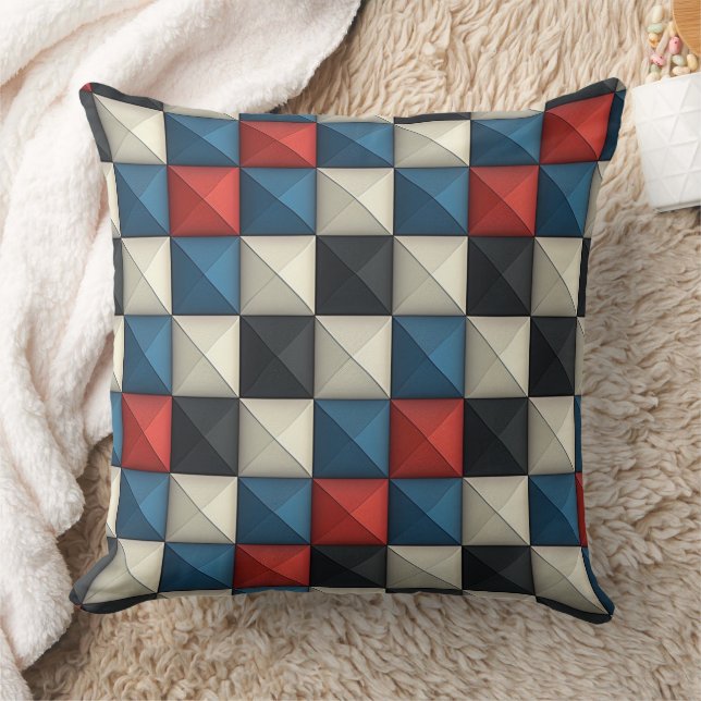 3D Pyramidal Geometric Pattern – Red, Blue & Cream Kussen (Deken)