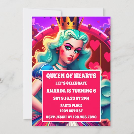 3D Queen of Hearts Uitnodiging voor verjaardag (Voorkant)