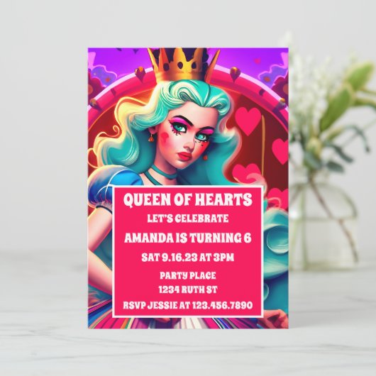 3D Queen of Hearts Uitnodiging voor verjaardag (Staand voorkant)