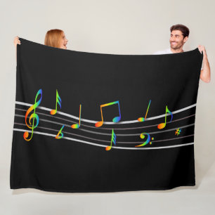 3D Rainbow Musical Notes-score op zwart Fleece Deken